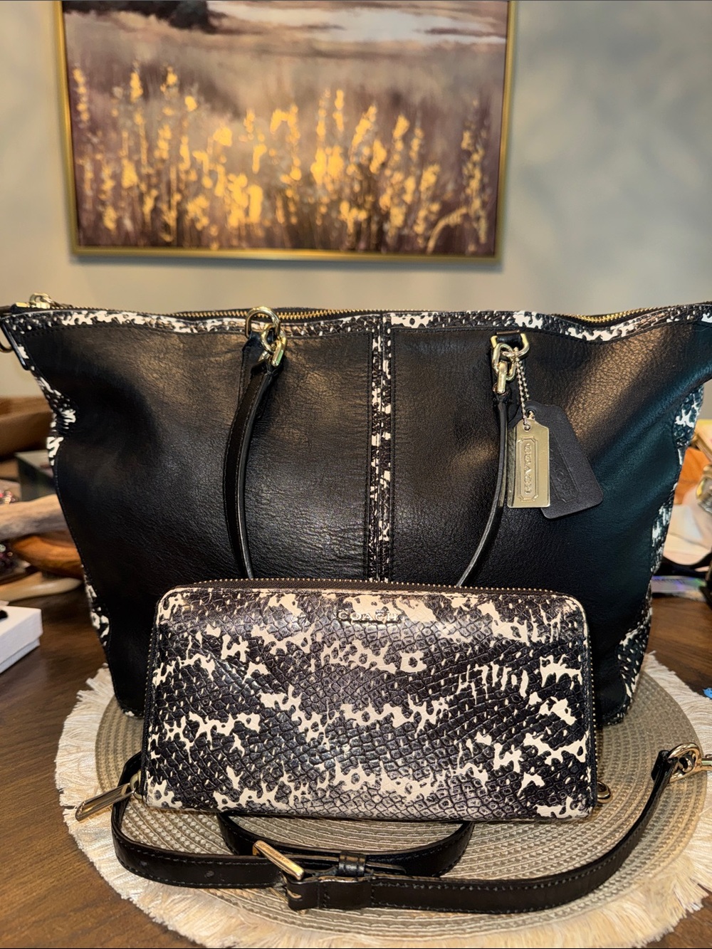 Coach Bleecker Cooper Black and Off White Leather Tote with Matching Wallet Set